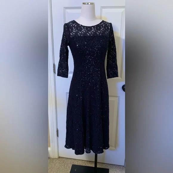 Navy Sequin 6 SLNY SL Fashions New York Round Neck Zip Back Midi - Picture 1 of 9